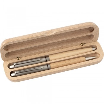 Writing set in beechwood case, ball pen and roller ball pen, both with metal trim parts, German Dokumental® ink refill AIV0069-16