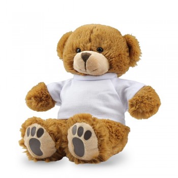 Brown teddy bear with white T-shirt suitable for printing (T-shirt packed separately), teddy bear made of plush from recycled PET bottles, white T-shirt can be replaced with yellow from velour if requested, teddy bear with GRS (Global RecycIed Standard) c