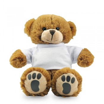Brown teddy bear with white T-shirt suitable for printing (T-shirt packed separately), teddy bear made of plush from recycled PET bottles, white T-shirt can be replaced with yellow from velour if requested, teddy bear with GRS (Global RecycIed Standard) c