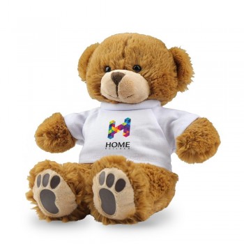 Brown teddy bear with white T-shirt suitable for printing (T-shirt packed separately), teddy bear made of plush from recycled PET bottles, white T-shirt can be replaced with yellow from velour if requested, teddy bear with GRS (Global RecycIed Standard) c