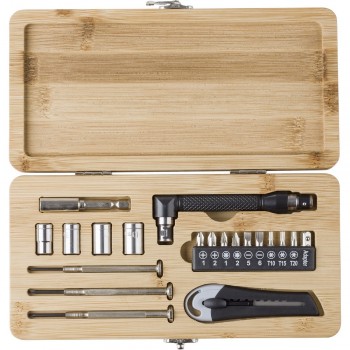 Carbon steel tool set, 27 pcs including 3 screwdrivers, 10 bits in holder, 3 slotted sizes, 3 Torx sizes, 1 adapter, 4 sockets, 1 cutter, 1 handle, 1 connector,  packaged in a bamboo case with clip AIV0040-16
