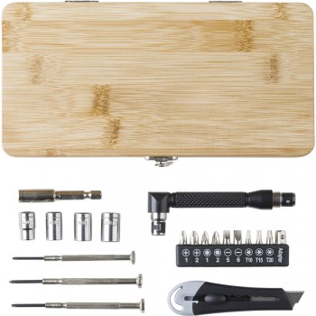Carbon steel tool set, 27 pcs including 3 screwdrivers, 10 bits in holder, 3 slotted sizes, 3 Torx sizes, 1 adapter, 4 sockets, 1 cutter, 1 handle, 1 connector,  packaged in a bamboo case with clip AIV0040-16