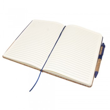 Notebook A5 (80 lined sheets), hard cover made of cork and cotton, ribbon marker and elastic band for closing, ball pen with cork barrel and coloured details made from wheat straw included AIV0056-04
