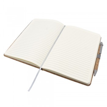 Notebook A5 (80 lined sheets), hard cover made of cork and cotton, ribbon marker and elastic band for closing, ball pen with cork barrel and coloured details made from wheat straw included AIV0056-19