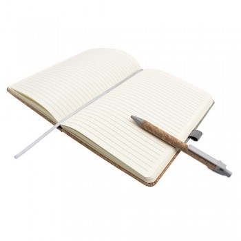 Notebook A5 (80 lined sheets), hard cover made of cork and cotton, ribbon marker and elastic band for closing, ball pen with cork barrel and coloured details made from wheat straw included AIV0056-19