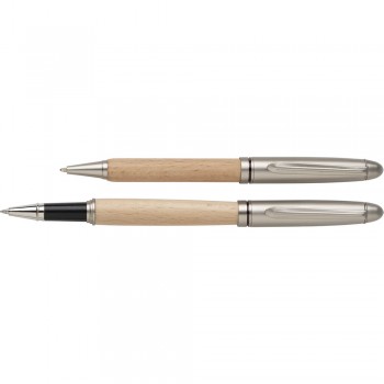 Writing set in beechwood case, ball pen and roller ball pen, both with metal trim parts, German Dokumental® ink refill AIV0069-16