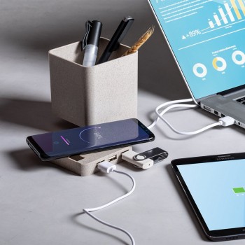 Wheat straw wireless charger 5W, USB hub 2.0, pen holder, phone stand