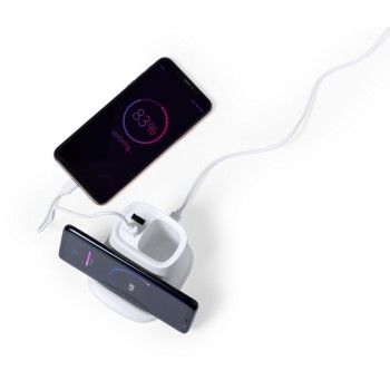 Wireless charger 5W, works with mobile phones with inductive charging function, USB 2.0 hub, 2 outputs USB 2000 mA, USB type C input 5V/2A, pen holder, phone stand, USB type C cable included AIV0145-02