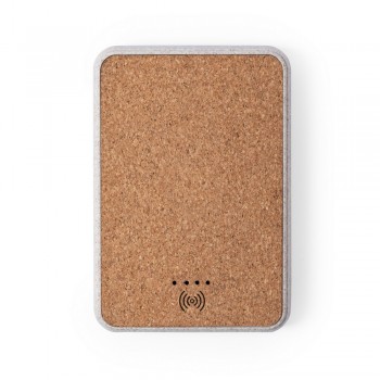 Wireless power bank 5000 mAh made from wheat straw, natural cork front part, wireless charger 5W, works with mobile phones with inductive charging function, can charge three mobile devices simultaneously, 4 diodes indicating power level, 2 USB 5V/2.1A out