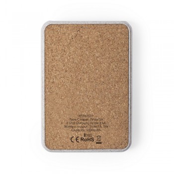 Wireless power bank 5000 mAh made from wheat straw, natural cork front part, wireless charger 5W, works with mobile phones with inductive charging function, can charge three mobile devices simultaneously, 4 diodes indicating power level, 2 USB 5V/2.1A out