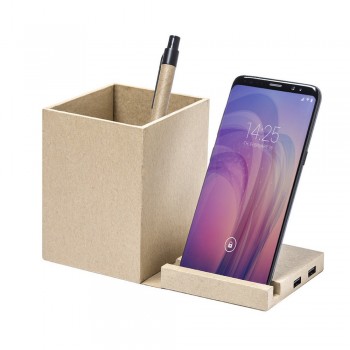 Foldable recycled cardboard wireless charger 5W, USB hub 2.0, pen holder, phone stand