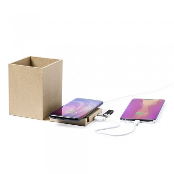 Foldable recycled cardboard wireless charger 5W, USB hub 2.0, pen holder, phone stand