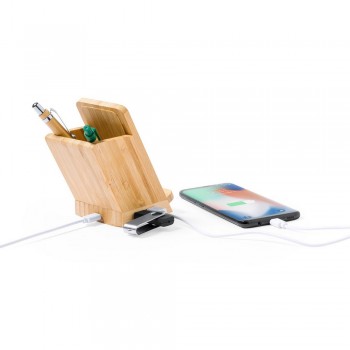 Bamboo wireless charger 5W, 4 USB hub 2.0, pen holder, phone stand Bamboo wireless charger 5W, 4 hub ports USB 2.0, pen holder, phone stand, works with mobile phones with inductive charging function, micro USB cable included AIV0198-18