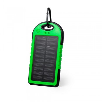 Water resistant 4000 mAh power bank with solar panel for recharging, on/off button, LED light, 4 electric charge indicators, 1 solar charge indicator, 2 USB outputs, can charge two devices simultaneously, input 5V/1A, output 1: 5V/1A, output 2: 5V/1A, mic