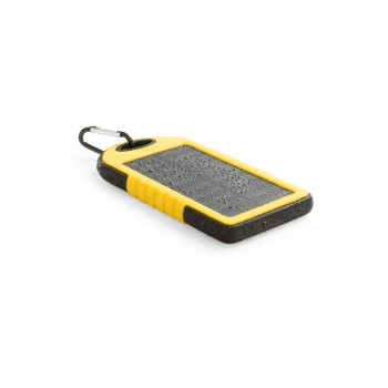 Water resistant 4000 mAh power bank with solar panel for recharging, on/off button, LED light, 4 electric charge indicators, 1 solar charge indicator, 2 USB outputs, can charge two devices simultaneously, input 5V/1A, output 1: 5V/1A, output 2: 5V/1A, mic