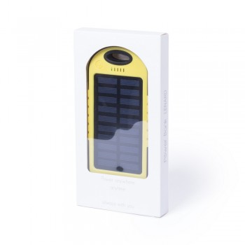 Water resistant 4000 mAh power bank with solar panel for recharging, on/off button, LED light, 4 electric charge indicators, 1 solar charge indicator, 2 USB outputs, can charge two devices simultaneously, input 5V/1A, output 1: 5V/1A, output 2: 5V/1A, mic