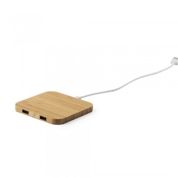 Bamboo wireless charger 5W Bamboo wireless charger 5W, works with mobile phones with inductive charging function, 2 USB outputs DC 5V/2.1A, micro USB cable included AIV0358-16