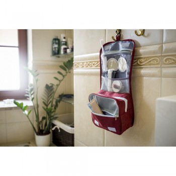 Cosmetic bag with numerous compartments, zipped main compartment, 1 mesh pocket, front and transparent pocket with zipper, hook for hanging included AIV0753-11