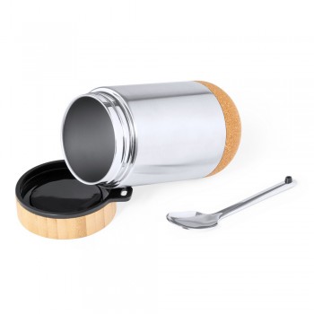 Food container 450 ml with stainless steel spoon, stainless steel walls, bamboo lid and cork detail, leakproof AIV0924-00