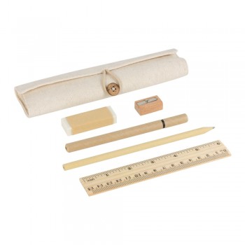 School set in cotton pouch with ruler, pencil, ball pen, eraser and pencil sharpener AIV1815-20
