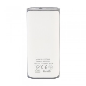Power bank 4000 mAh, output 5V/1A, input 5V/1A, 4 diodes indicating power level, LED light, micro USB cable included AIV3778-02