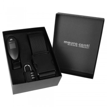 Mauro Conti travel set, includes digital luggage scales with on/off button and wrist strap (40 kg maximum loading capacity, minimum 1 kg), luggage strap and travel padlock, packed in gift box AIV4999-03