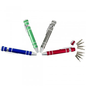 Pen shaped screwdriver with 4 flat head and 4 Philips screwdriver bits, with clip AIV5090-10