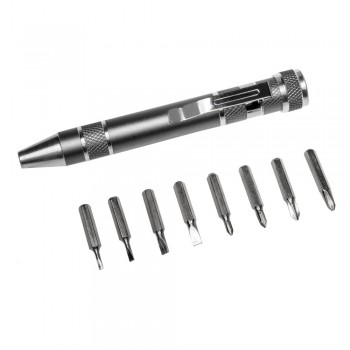 Pen shaped screwdriver with 4 flat head and 4 Philips screwdriver bits, with clip AIV5090-19