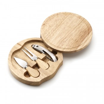 Cheese set in wooden box with lid that can be used as cutting board, cheese knife, fork and waiters knife AIV5094-00