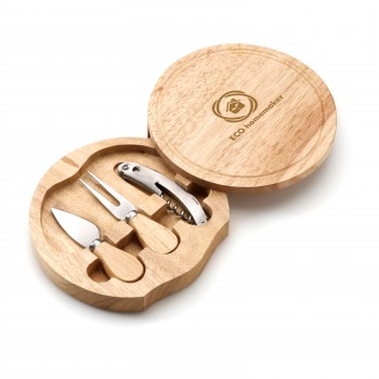 Cheese set in wooden box with lid that can be used as cutting board, cheese knife, fork and waiters knife AIV5094-00