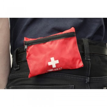 First aid kit in pouch with belt clip attachment, 8 pcs, includes: tweezers, tape, bandage, 2 adhesive sterile bandages, small alcohol pad, sting relief medicated pad, antiseptic swab, scissors AIV5178-05