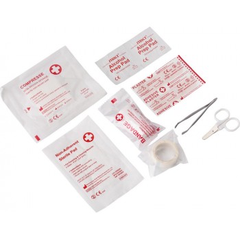 First aid kit in pouch with belt clip attachment, 8 pcs, includes: tweezers, tape, bandage, 2 adhesive sterile bandages, small alcohol pad, sting relief medicated pad, antiseptic swab, scissors AIV5178-11