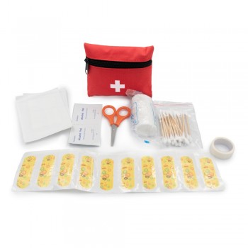 First aid kit in pouch with zipped main compartment, 7 pcs, includes: 10 plasters, 4 alcohol pads, tape, 2 non-adherent pads, bandage, cotton buds (20 pcs.) and scissors AIV5592-05