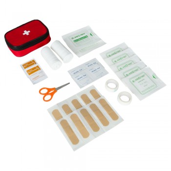First aid kit in pouch with belt fastening and zipped main compartment, 25 pcs, includes: 10 plasters, 4 alcohol pads, 2 tapes, 2 non-adherent pads, 2 bandages, 2 gauze pads, 2 castile soap towelettes and scissors AIV5593-05