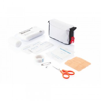 First aid kit in pouch with front pocket and belt fastening, zipped main compartment, 14 pcs, includes: triangle bandage, PBT bandage, 4 alcohol pads, 4 plasters, scissors, 2 pins and tape AIV5690-02