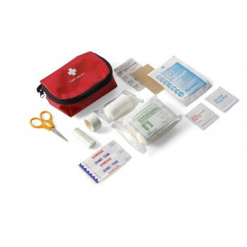 First aid kit in pouch, 16 pcs., includes: non-adherent pad, triangular bandage with 2 safety pins, plasters (1 large, 2 medium and 5 small ones), alcohol prep pad, antiseptic prep pad, reel of tape, large bandage, small bandage, scissors AIV6151-05