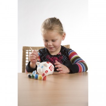 Piggy bank for painting, paints and brush Plaster piggy bank with wooden brush and 5 paints AIV6453-02