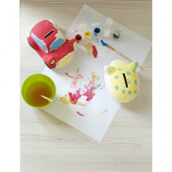 Piggy bank for painting, paints and brush Plaster piggy bank with wooden brush and 5 paints AIV6453-02