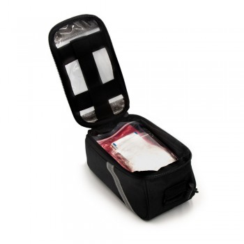 Bicycle bag with accessories: round patches (8 pcs), glue, grinder, plastic crowbars (2 pcs), disposable poncho, multifunction key, first aid kit (8 plasters 72 x 19 mm, 4 plasters 55 x 19 mm, 4 round plasters Ø20 mm, 6 antiseptic wipes, 1 soap wipe, 1 cl