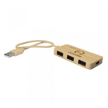 Hub with 3 USB 2.0 ports and 1 USB type C port BRIGHT, for charging and data transfer, bamboo body and wheat straw cable AIV7283-17