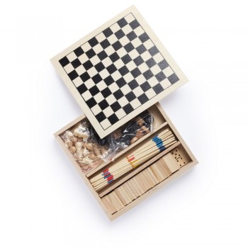 Set of 4 games in wooden box, chess, checkers, domino and mikado AIV7364-17