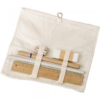 School set, pencil case School set in cotton pouch, pencil, ball pen, sharpener, eraser and bamboo ruler 15 cm AIV7377-25