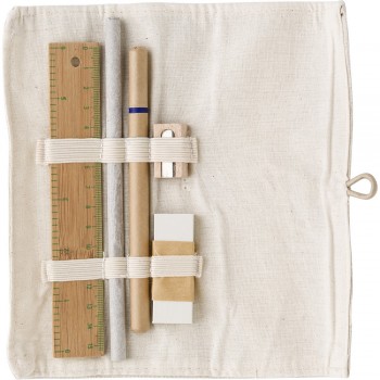 School set, pencil case School set in cotton pouch, pencil, ball pen, sharpener, eraser and bamboo ruler 15 cm AIV7377-25