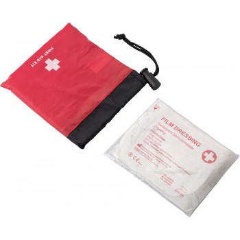 First aid kit in pouch, 10 pcs First aid kit in drawstring pouch, 10 pcs, includes: 5 plasters, 2 alcohol pads, cleansing wipe, anti-septic wipe and a bandage AIV7901-05