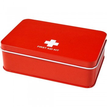 First aid kit in tin First aid kit in tin, includes: scissors, damp cloth, tape, 4 alcohol wipes, 4 plasters, bandage and antiseptic wipe AIV7948-05