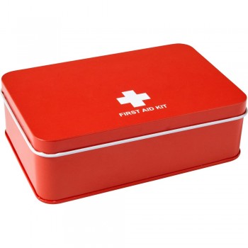 First aid kit in tin First aid kit in tin, includes: scissors, damp cloth, tape, 4 alcohol wipes, 4 plasters, bandage and antiseptic wipe AIV7948-05