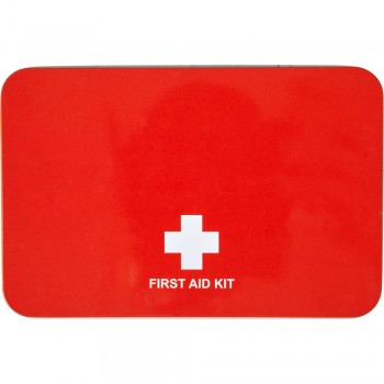 First aid kit in tin First aid kit in tin, includes: scissors, damp cloth, tape, 4 alcohol wipes, 4 plasters, bandage and antiseptic wipe AIV7948-05