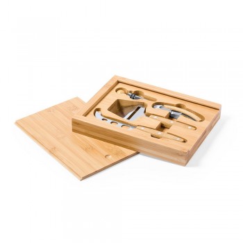 Bamboo cheese and wine set Bamboo wine and cheese set in bamboo box, bamboo cheese board, 4 pcs. cheese knife, cheese spatula, waiters knife, bottle stopper AIV8239-18