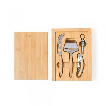 Bamboo cheese and wine set Bamboo wine and cheese set in bamboo box, bamboo cheese board, 4 pcs. cheese knife, cheese spatula, waiters knife, bottle stopper AIV8239-18