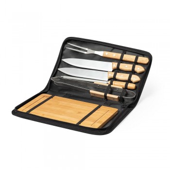 Barbecue set 6 pieces: 2 knives, sharpener, fork and tongs with wooden handles, bamboo cutting board, case included AIV8350-18